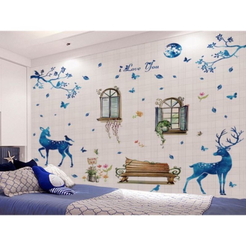 Decal dán tường đôi nai xanh và cửa sổ( tranh ghép)