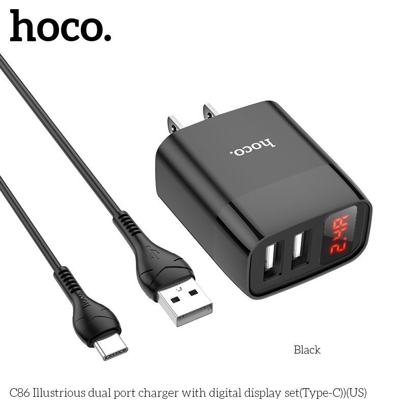 Bộ củ cáp  2.4A Hoco C86  2 cổng USB màn LED, Chân ip, Micro, Type-C - BH 12 tháng