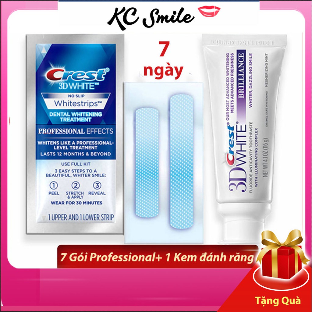 Combo trắng răng Miếng dán trắng răng Crest Professional + Kem đánh răng Crest 3D (7 ngày)
