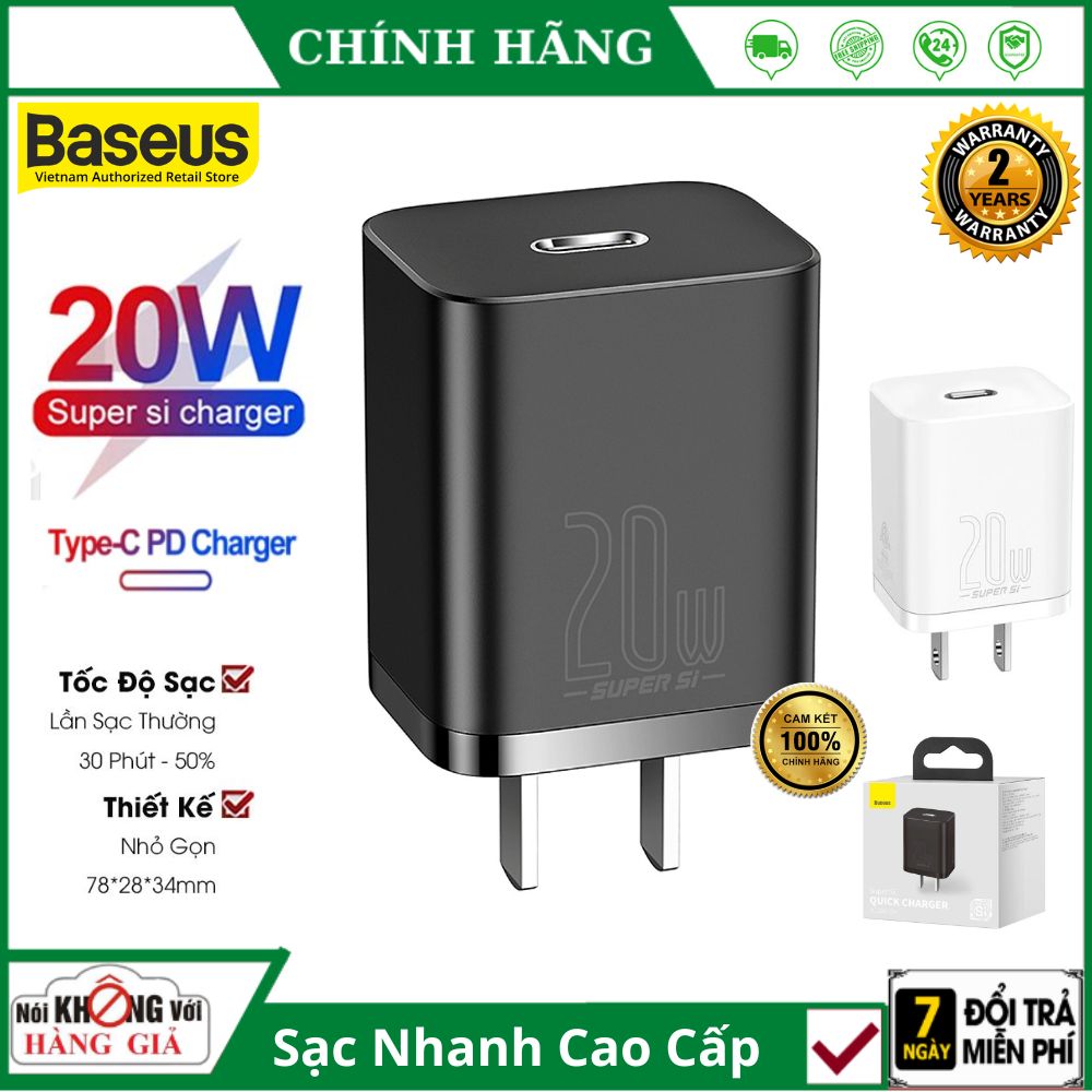 Cốc sạc nhanh type C 20W Baseus CCSUP-A01 / A02 Super Si Củ sạc chính hãng dành cho iphone samsung xiaomi oppo bảo hành 24 tháng