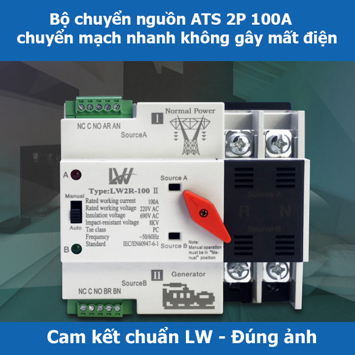 Bộ chuyển nguồn điện tự động ATS 100A 2P 220V LW chuyền nguồn không gây mất điện Cầu đao đảo chiều tự động-ats chuyển nguồn át chuyển nguồn át đảo nguồn
