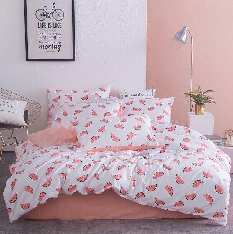 Bộ chăn ga gối phong các Hàn Quốc dưa hồng nhỏ bo chun đủ kích thước.