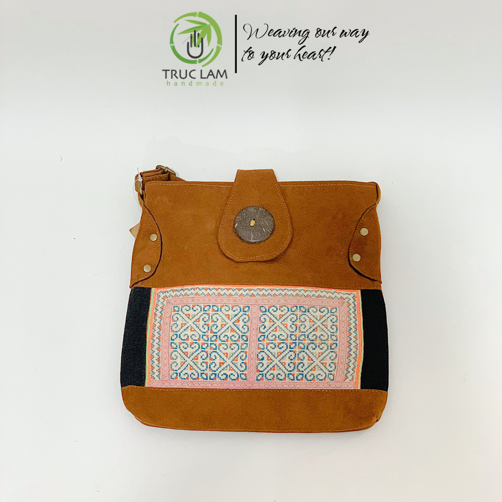 Túi đeo chéo thời trang vải da lộn can yếm thổ cẩm dân tộc - trúc lâm handmade