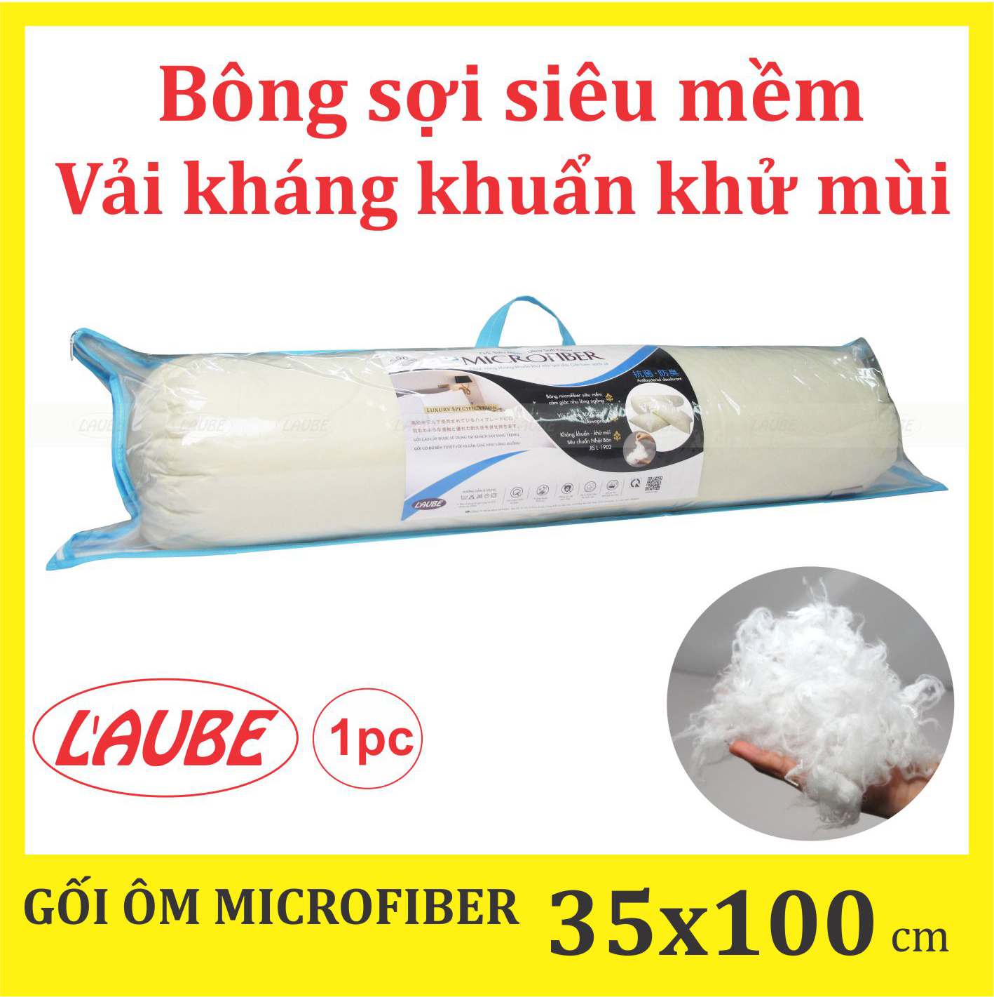 Gối ôm Microfiber Laube Kháng Khuẩn Khử Mùi  35x100cm (Màu be)