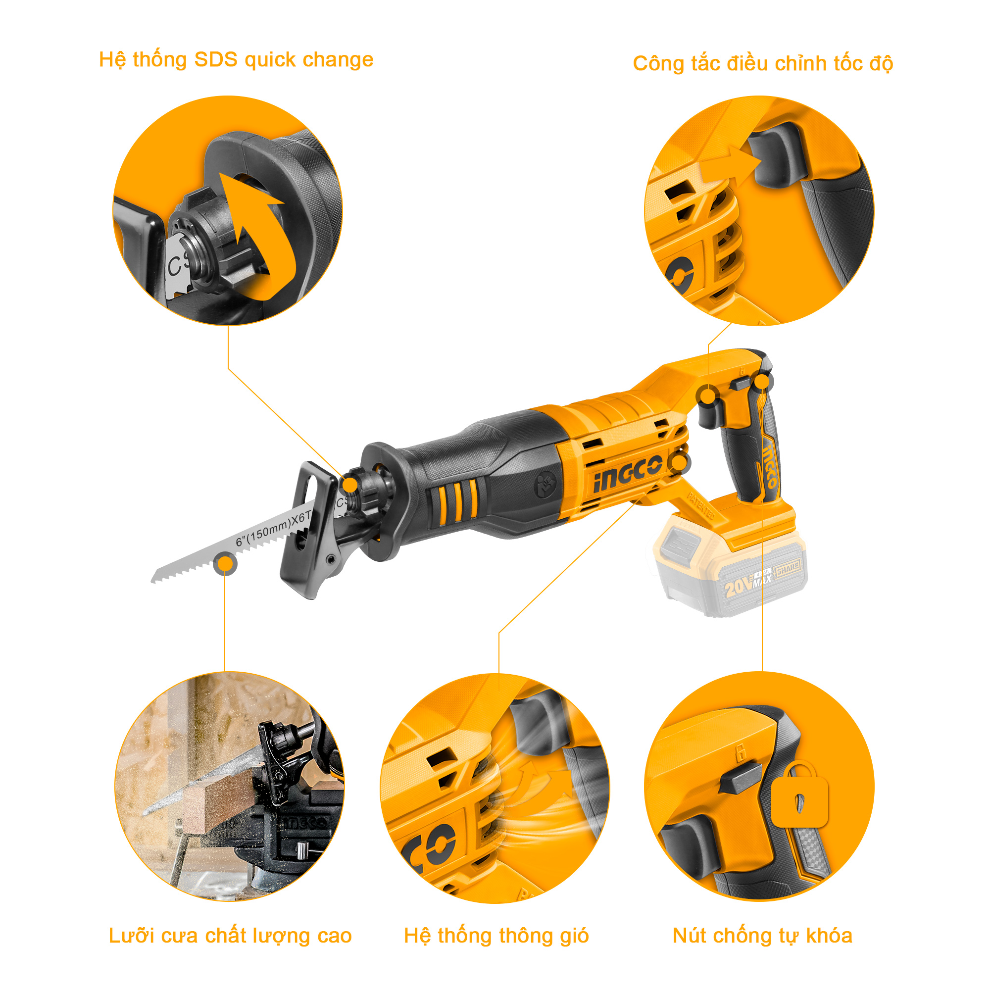 Máy cưa kiếm dùng pin 20V INGCO CRSLI1151 (chưa bao gồm pin và sạc đi kèm)