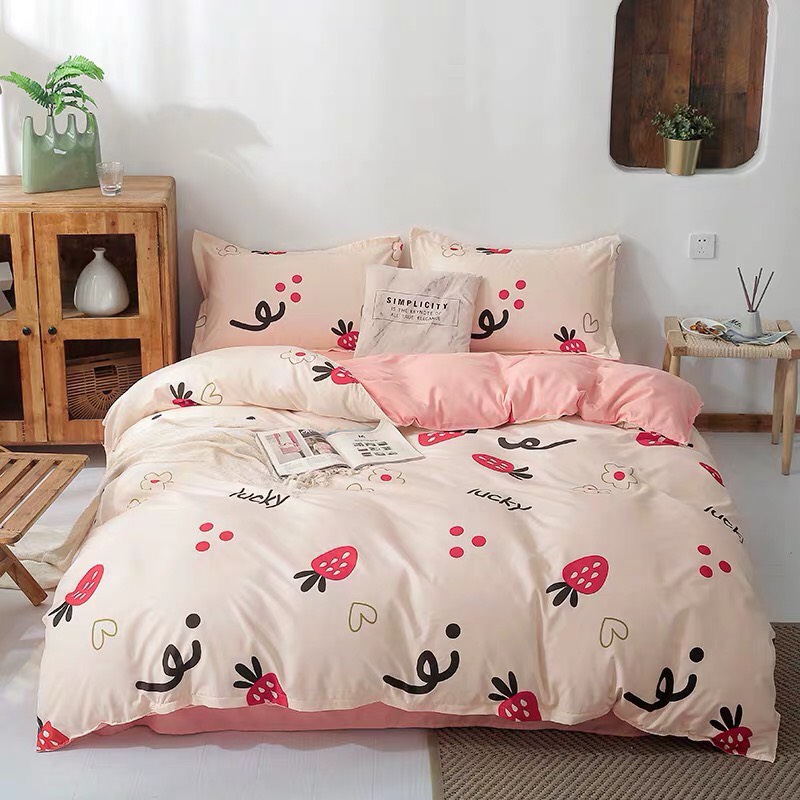 BỘ CHĂN GA GỐI HÌNH DÂU LUCKY