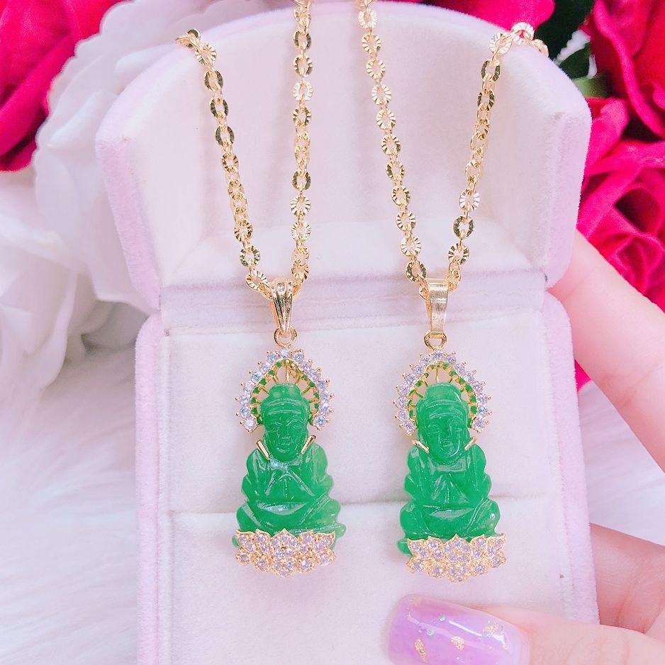 Women marble Green Jade chain golden necklace feng shui necklace to Binh Phuoc Temple necklace good luck Gado dm043 jewelry-no black promise