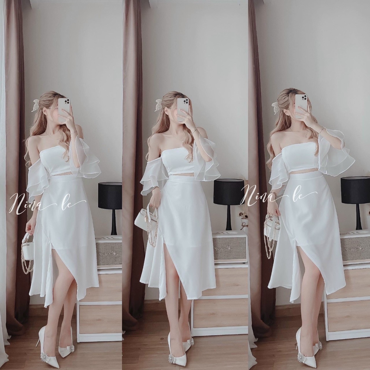 Set đầm sang chảnh - đầm maxi voan 2 món rớt vai xẻ đùi thời trang siêu xinh