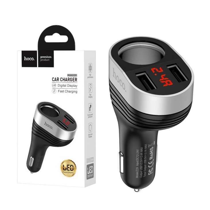 Cóc sạc xe hơi hoco z29 2 cổng usb có đèn led