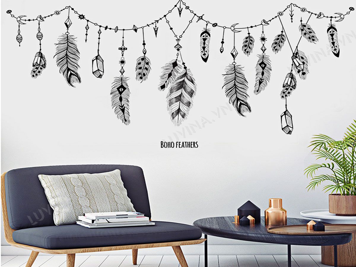 DECAL DÁN TƯỜNG LÔNG VŨ ĐEN TRẮNG