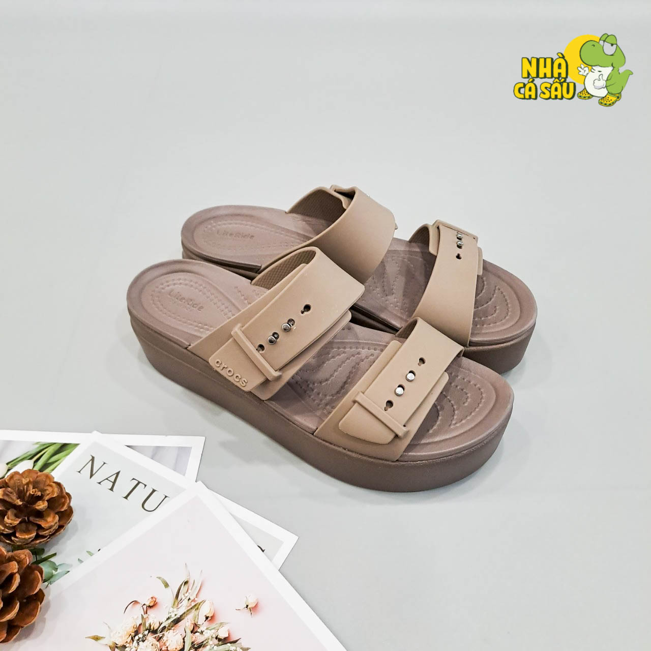 (Real photo) sandals Crocs Đế high 5 stool Brooklyn mid wedge version 2 multi-color, sandals horizontal straps buttoned Brooklyn-CR