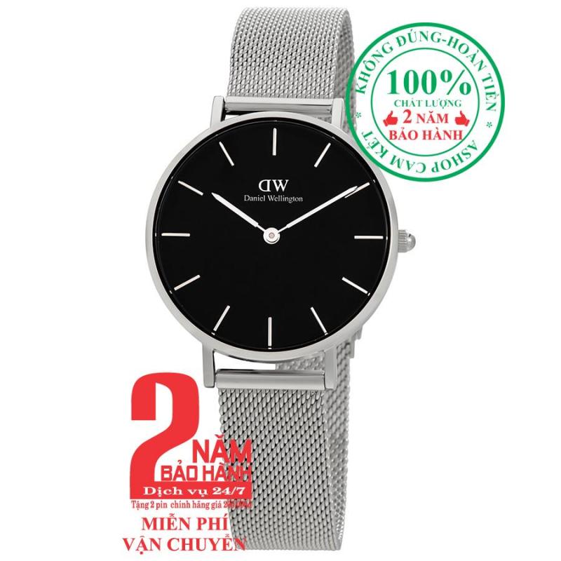 Đồng hồ nữ D.W Classic Petite Sterling -size 32mm - Màu trắng bạc (Silver), mặt đen (Black) DW00100162