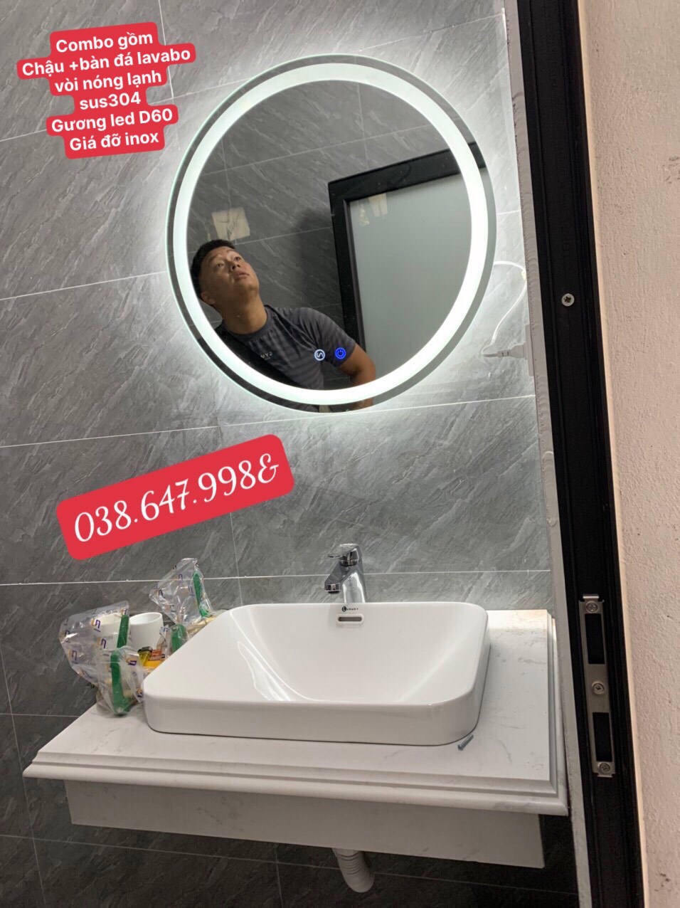 Chậu lavabo bán âm bàn đá , Combo chậu rửa mặt bàn đá gương LED có sấy , Vòi inox 304 chống gỉ sét