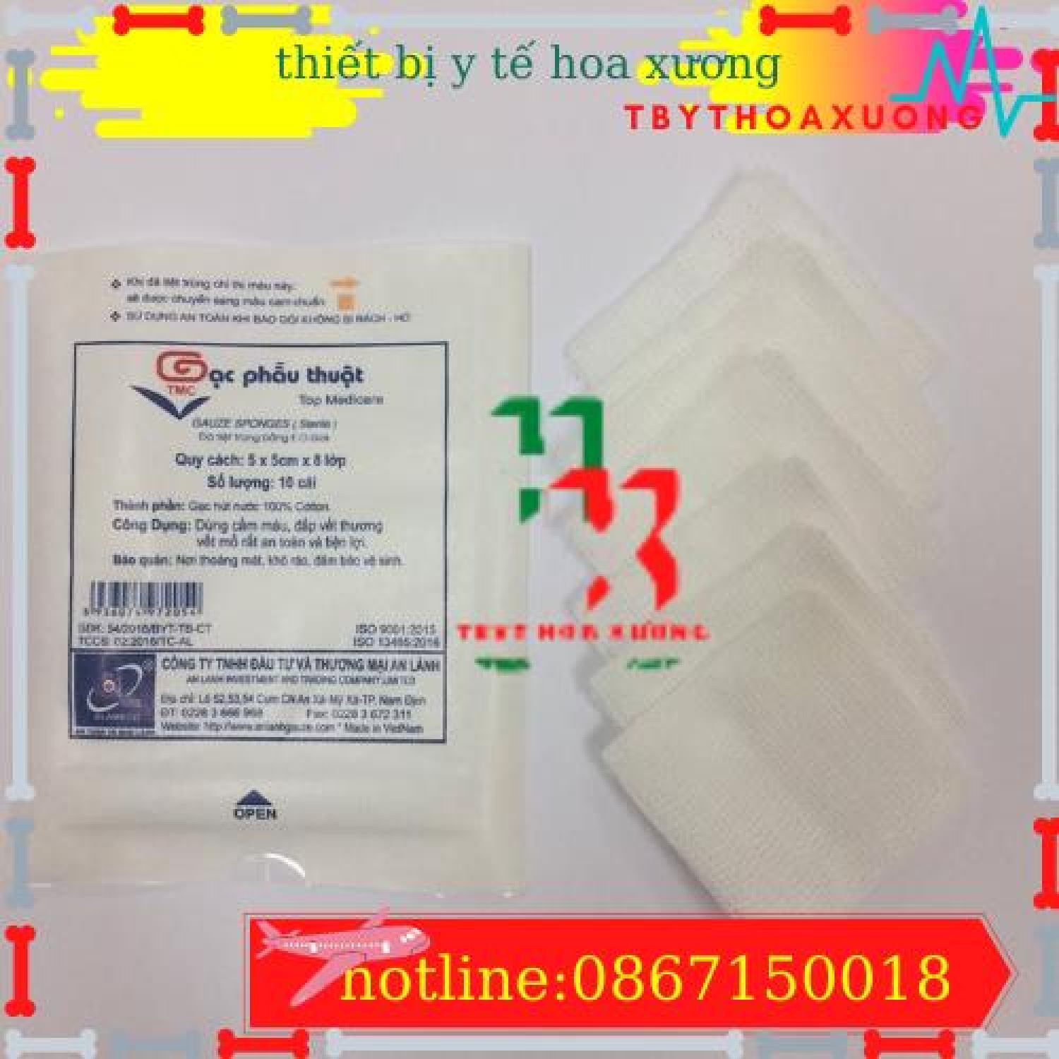 Túi 50 gói gạc phẫu thuật tiệt trùng an lành 7.5x7,5x6 lớp 1 gói 10 miếng