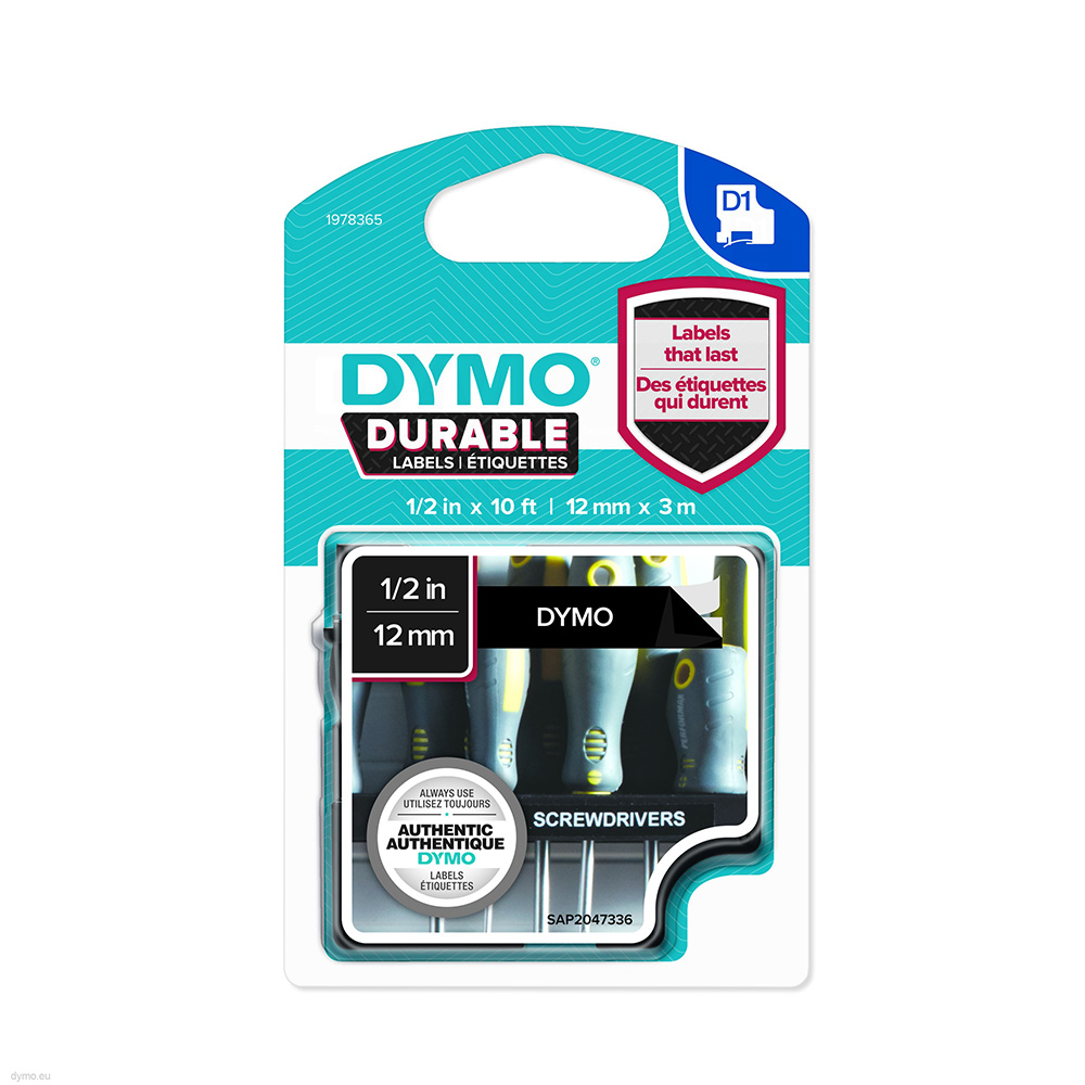 HCMNhãn in đa năng Dymo D1 nhựa Vinyl siêu bền 12mm x 3m Trắng Đen
