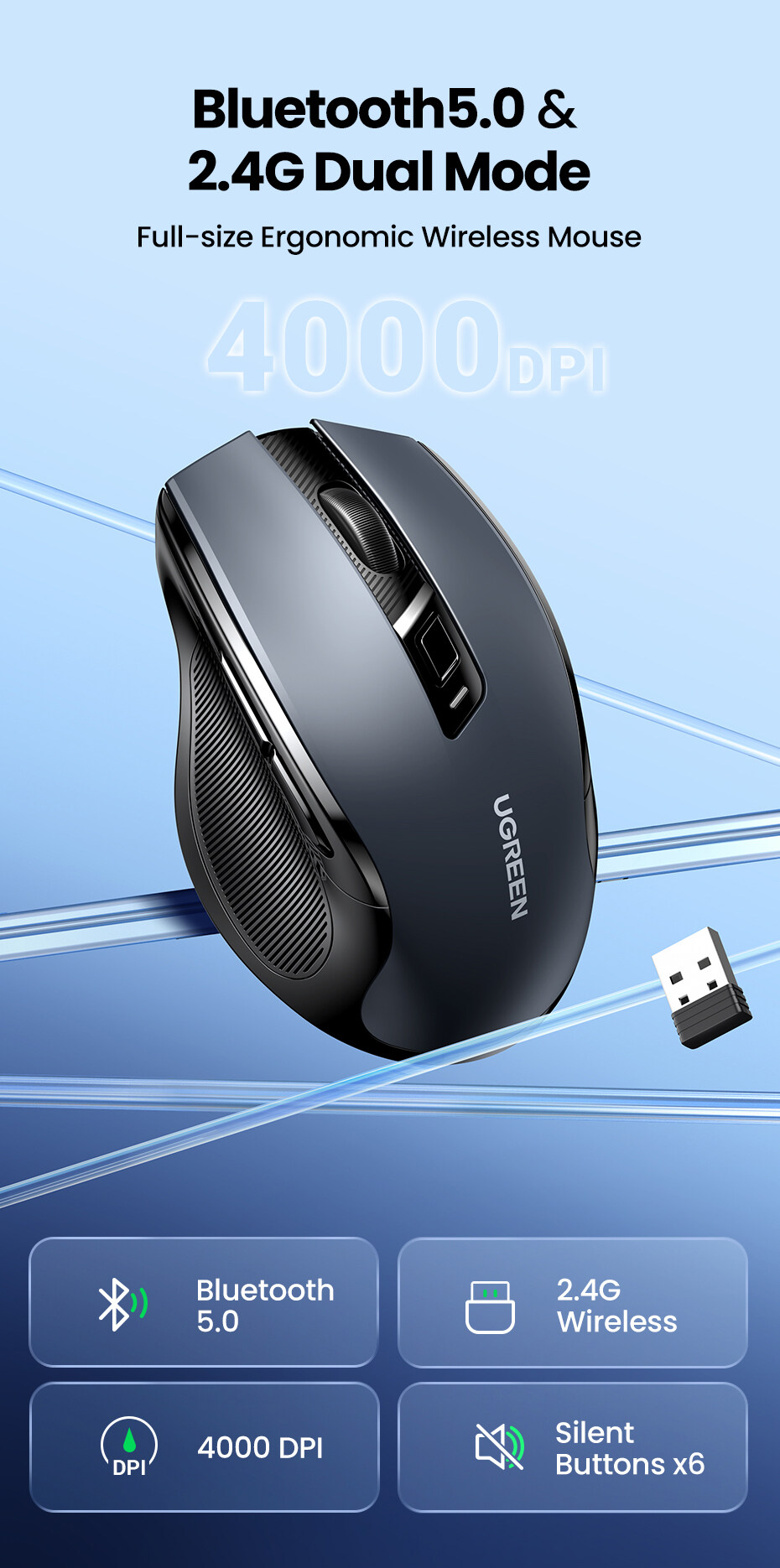 Chuột Bluetooth 5.0 Ugreen 90855( Silent + Wireless 2.4Ghz + Bluetooth 5.0) - Hàng Chính Hãng BH 18 Tháng