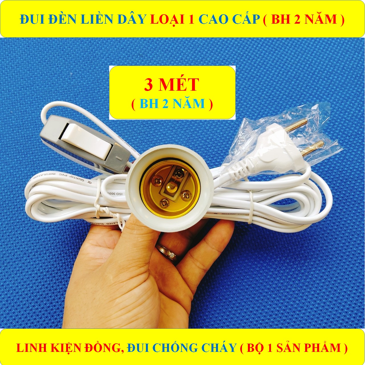 Đui đèn, đuôi đèn liền dây 3 MÉT + 1 CÔNG TẮC đui E27 CHỐNG CHÁY LOẠI 1 cao cấp + BH 2 NĂM (bộ 1 sản phẩm)