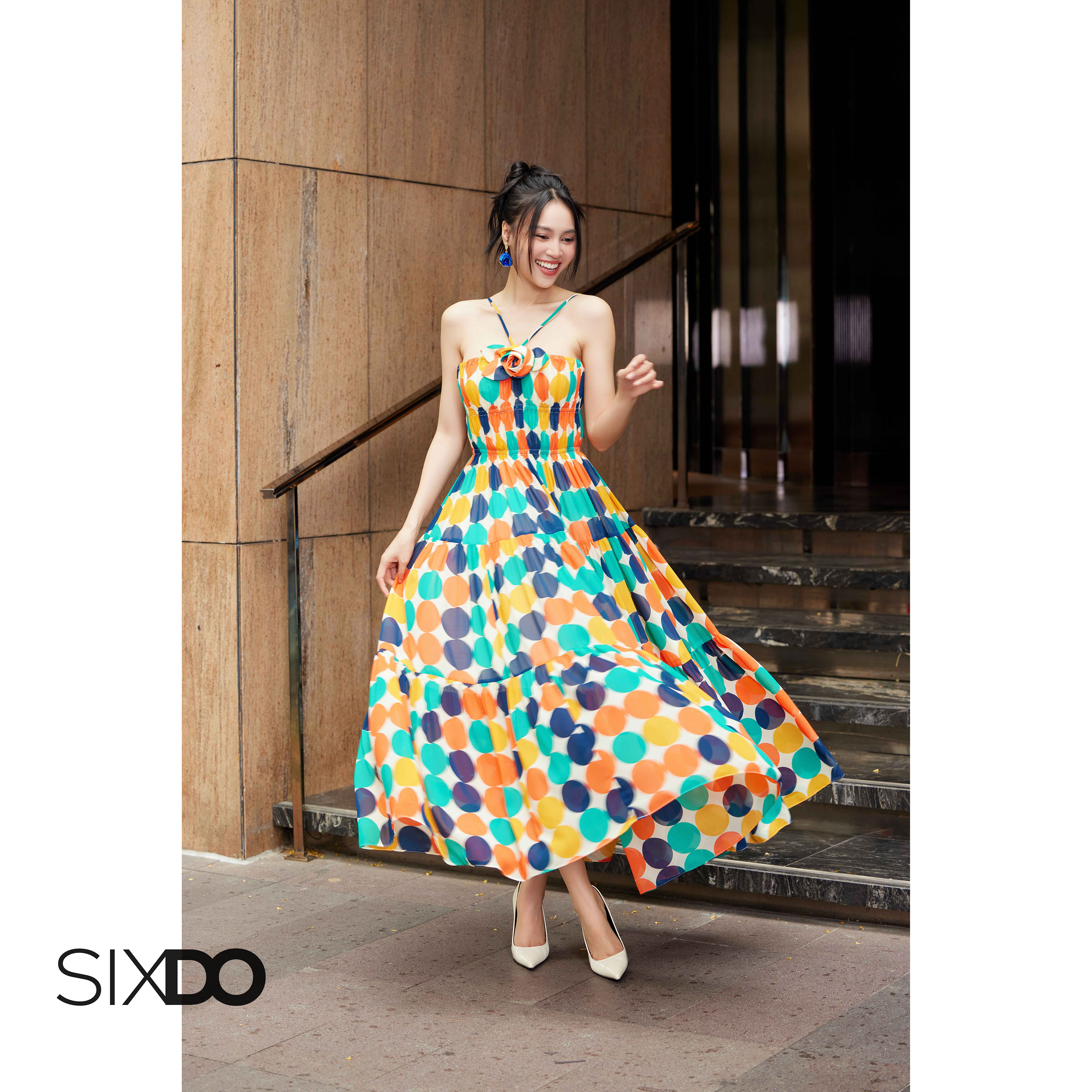 Đầm chiffon cúp ngực chấm bi SIXDO (Cream Polka Dots Midi Chiffon Dress)