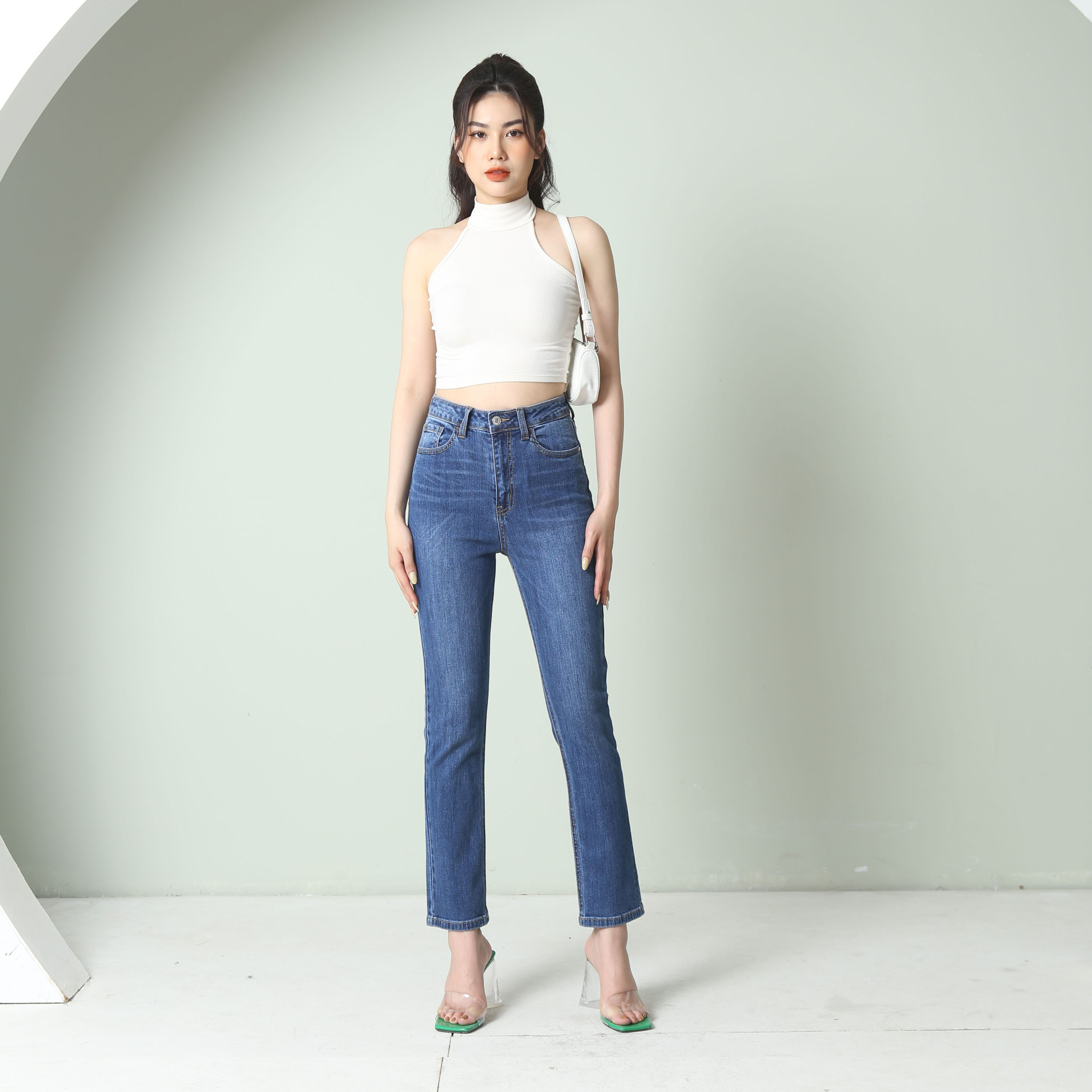 Quần jean ống đứng cạp cao basic co giãn 4 chiều CP07, CT JEANS