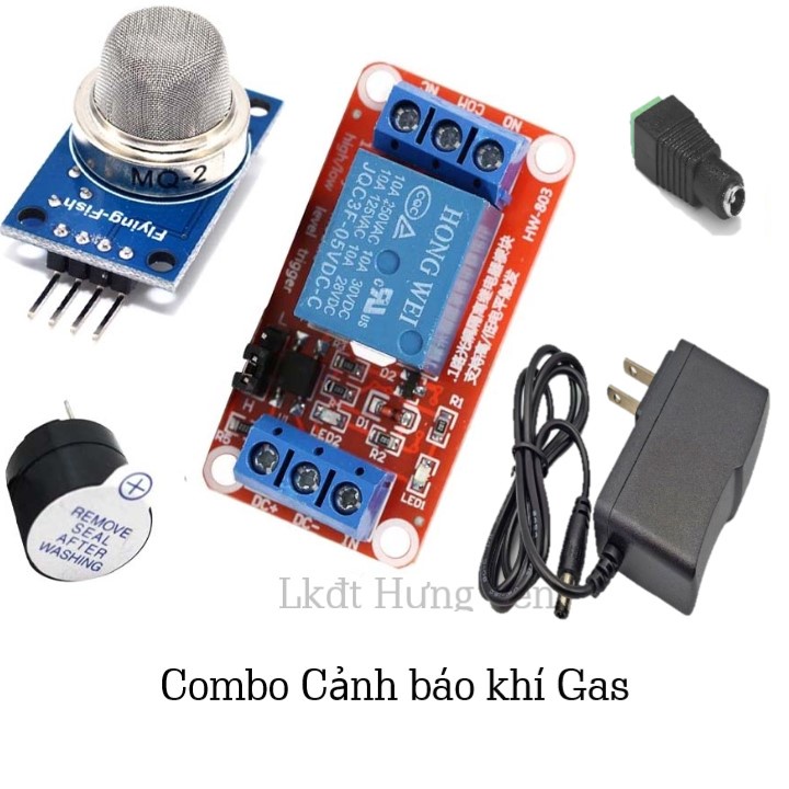 Combo mạch cảnh báo khí gas (gồm 1 module cảm biến khí gas mq2, 1 module relay 1 kênh, 1 còi chip 5v, nguồn 5v)