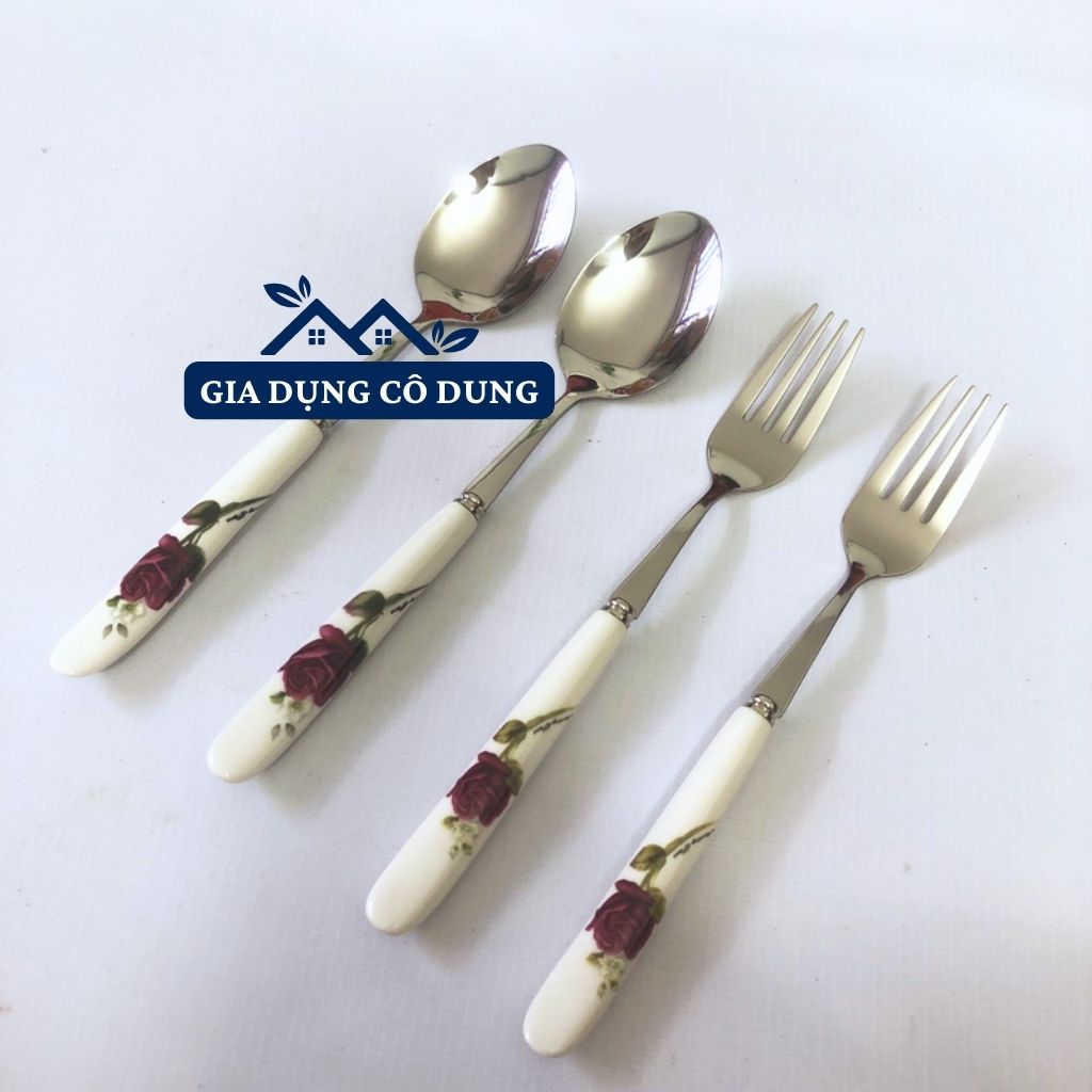 Muỗng/Thìa inox cán sứ in hoa văn