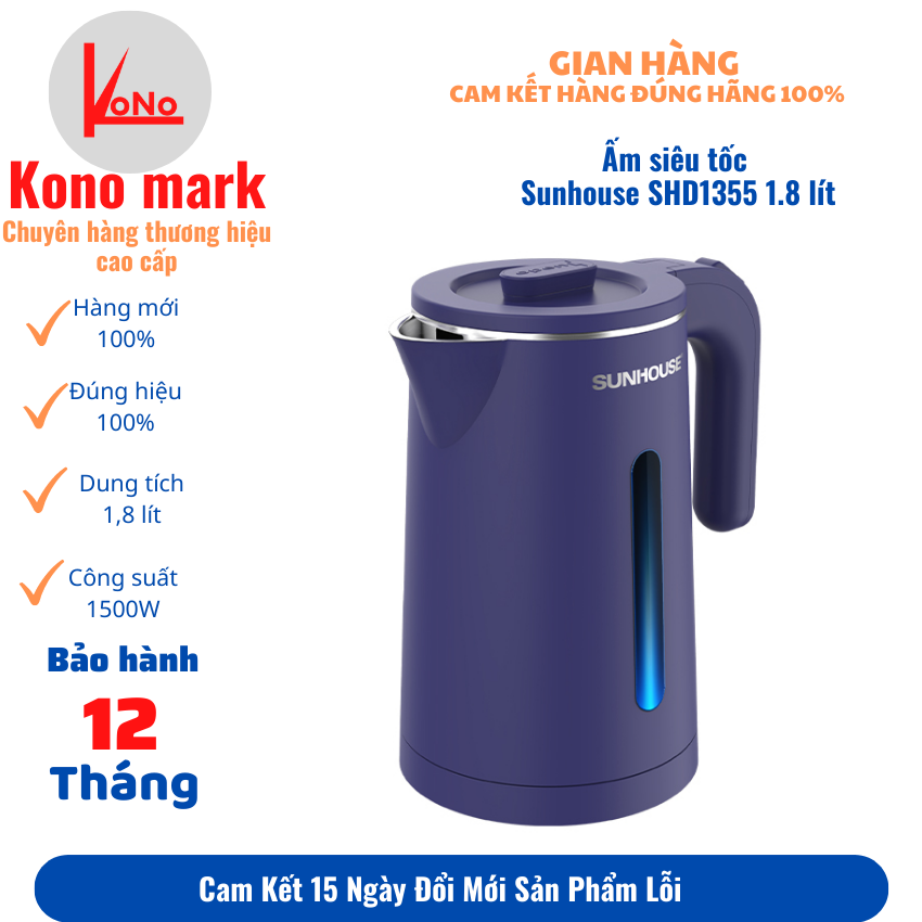 Ấm siêu tốc Sunhouse SHD1355 1.8 lít,ấm đun nước siêu tốc inox 2 lớp,tự ngắt điện khi nước sôi,bảo hành 12 tháng toàn quốc