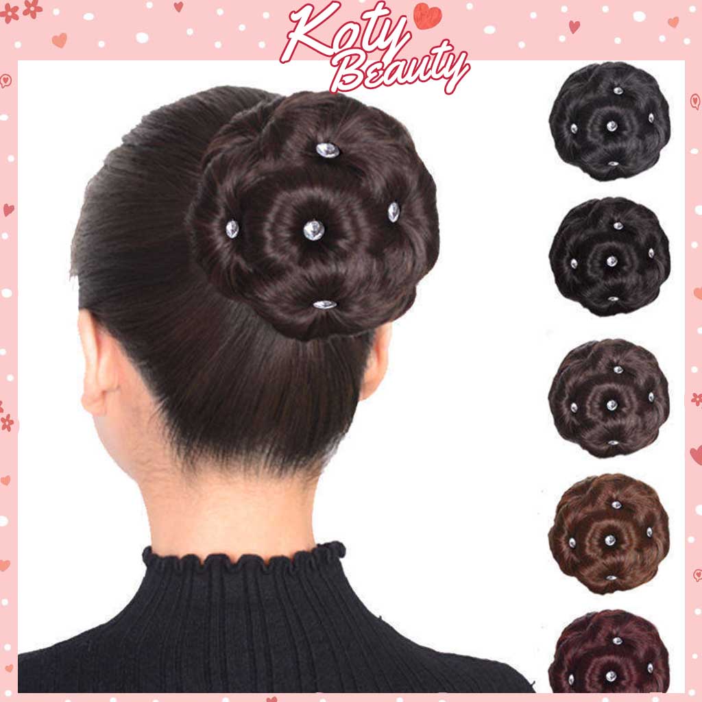 Tóc búi hoa đính đá, búi hoa gắn hạt, tóc giả búi hoa, tóc giả nữ