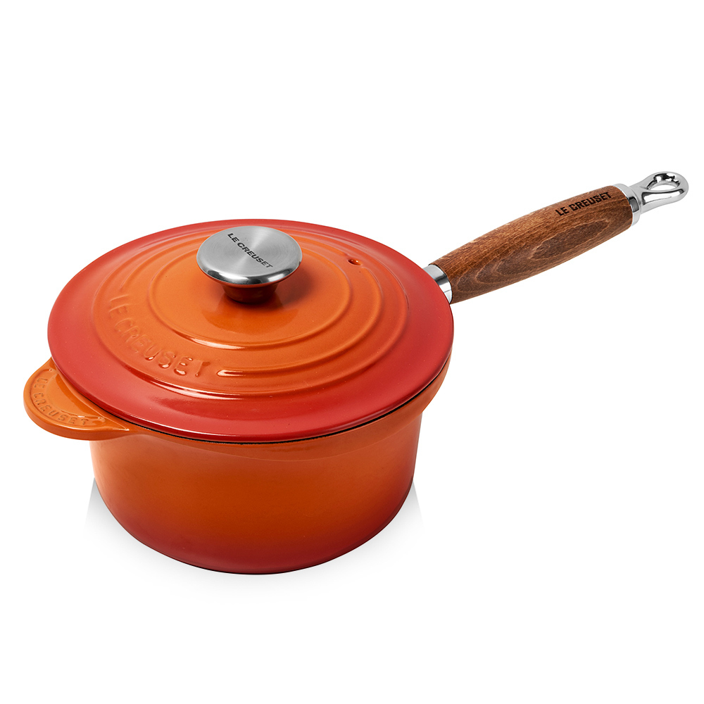 Nồi gang le creuset 18cm, cán gỗ, màu cam