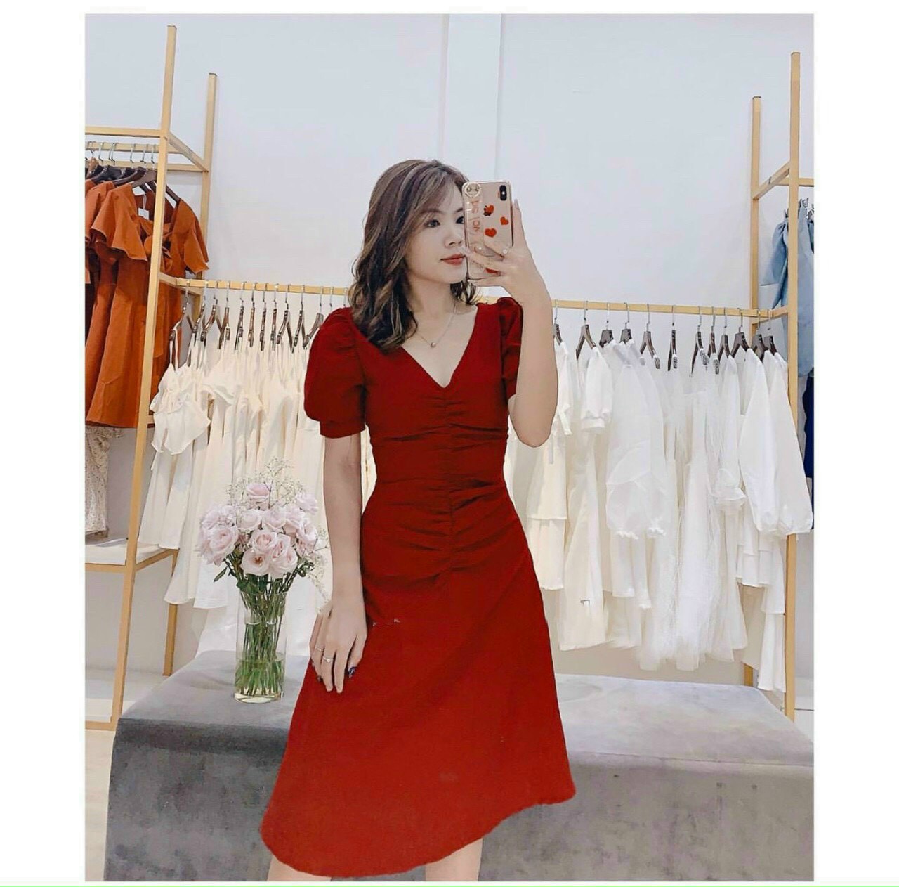 [HCM]Đầm xòe cổ V tay búp rút ngực chất kate