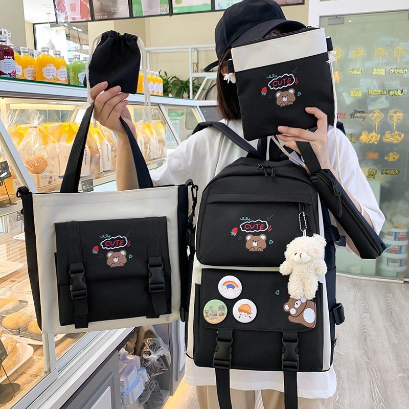 Set balo 4 món cặp học sinh nữ cấp 2 3 balo đi học thời trang ulzzang gấu cute đơn giản mà xinh