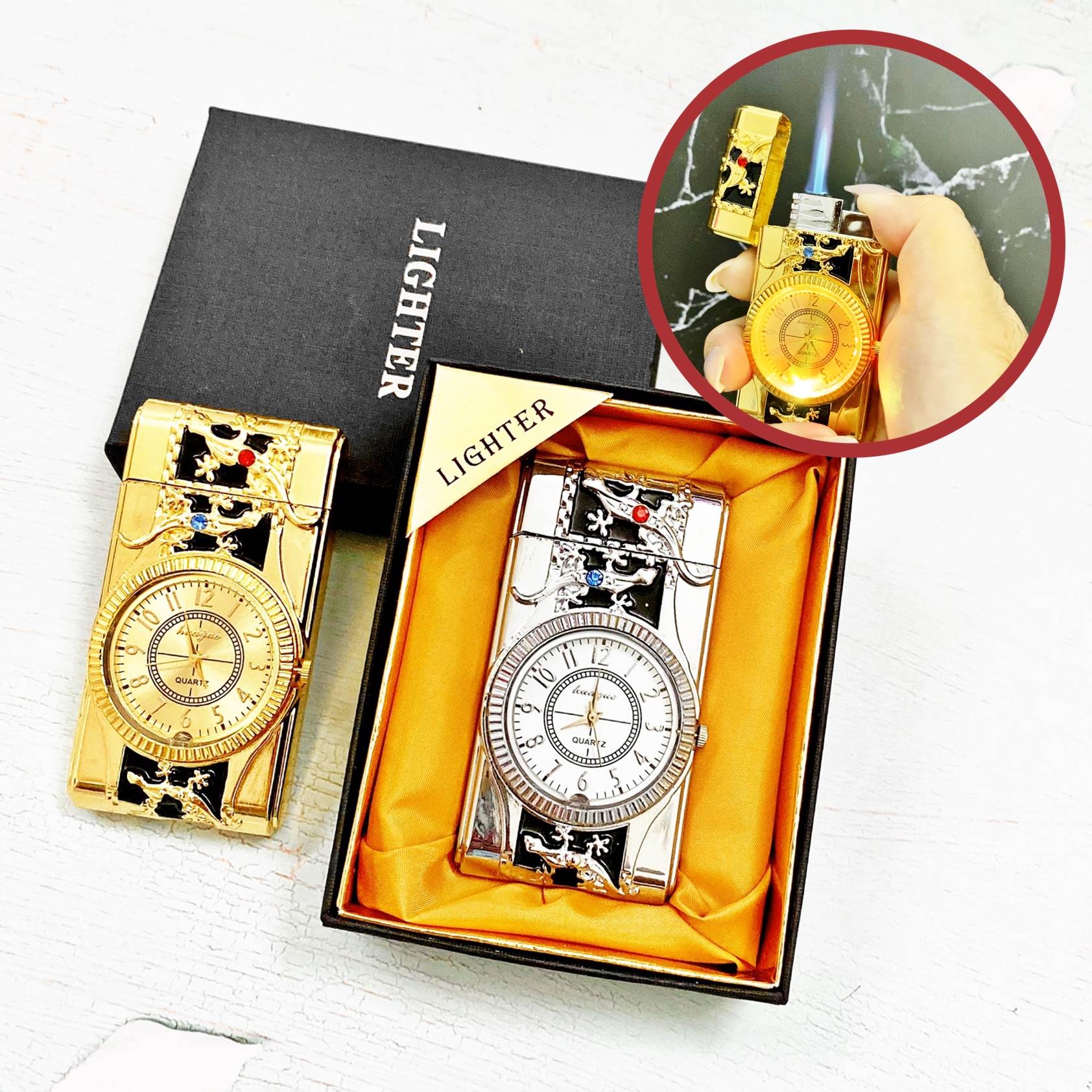 Bật lửa khè kèm đồng hồ 2in1 hình tắc kè khắc nổi có đèn led nhấp nháy - có hộp