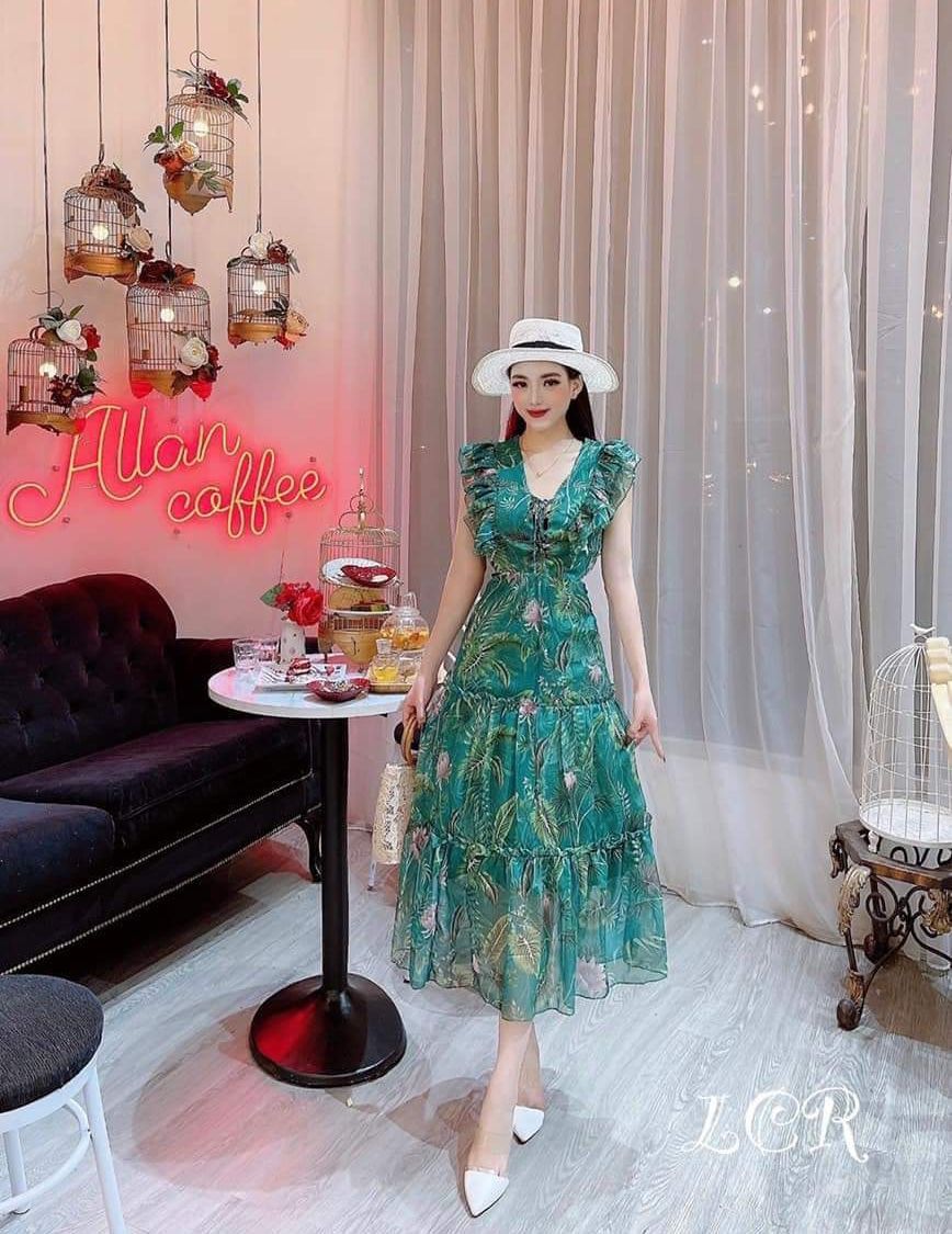 Đầm voan maxi hai dây in họa tiết phối tiểu thư xinh xắn ts2022