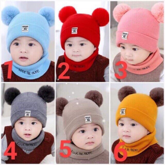 Bộ Khăn + Mũ Len 2 Quả Bông Cho Bé