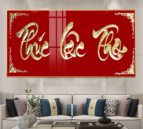 Tranh laminate tráng gương - tranh treo tường mừng thọ chữ thư pháp - phúc lộc thọ