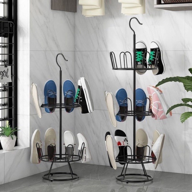 Kệ phơi giầy dép 3 tầng xoay 360 độ Có móc treo, Khô nhanh, Tiết kiệm không gian.Móc treo quần áo 3 tầng.