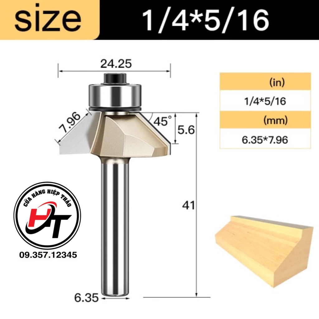 Mũi phay gỗ vát 45 độ có bi tideway cao cấp msvcb-45-tw