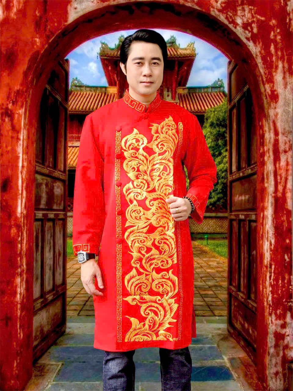 Áo Dài Truyền Thống # Áo Dài Gấm Lụa Họa Tiết Cho Nam # Quần Áo Nam Cao Cấp