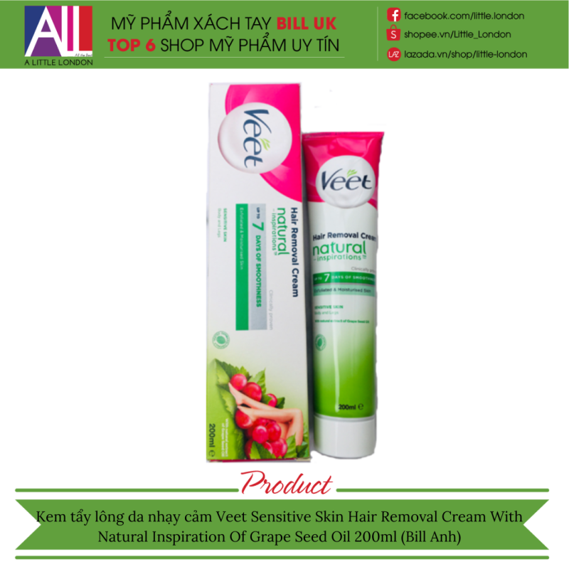 Kem tẩy lông da nhạy cảm Veet Sensitive Skin Hair Removal Cream With Natural Extract Of Grape Seed Oil 200ml (Bill Anh)