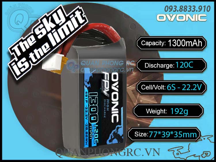 Pin ovonic xanh dương 1300mah 6s 120c 22.2v lipo battery xt60 plug