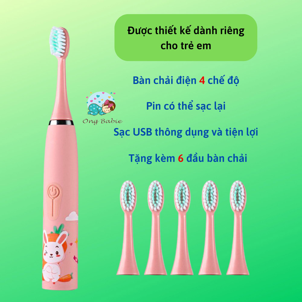 Bàn chải đánh răng điện trẻ em. Chính hãng SONIC - 4 chế độ tự động dánh sạch răng. Tặng kèm 6 đầu bàn chải