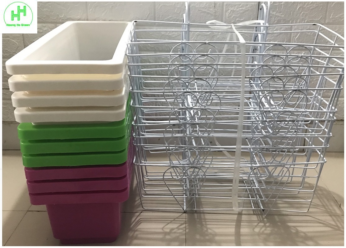 ComBo 10 GIỎ SẮT Treo Chậu Hoa Ban Công Hình Chữ Nhật - Màu Trắng + 10 CHẬU NHỰA TRỒNG RAU, TRỒNG HOA, CÂY CẢNH KÍCH THƯỚC 48X20X16CM