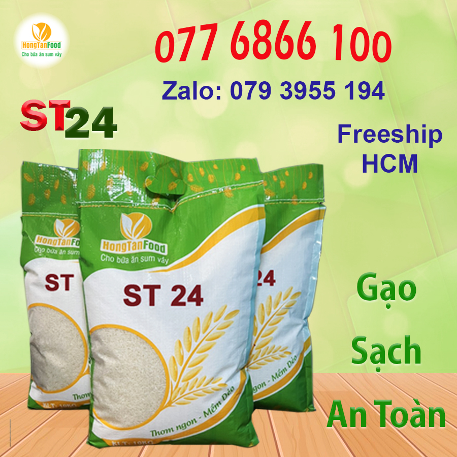 Gạo ST24 An Toàn Hồng Tân túi 10kg. không chất bảo quản, gạo thơm dẻo