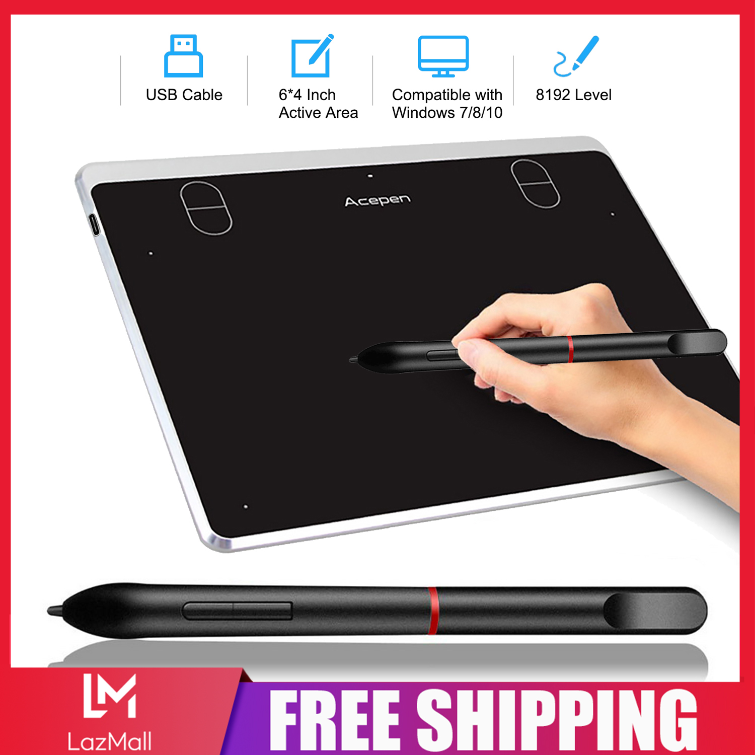 Acepen AP604 Digital Graphic Drawing Tablet 6x4 Inch Active Area Ultra-Thin Drawing Board Kit with 4 Shortcut Keys Bat-tery-free Passive Stylus 8192 Levels Pressure for Drawing Teaching Online Course