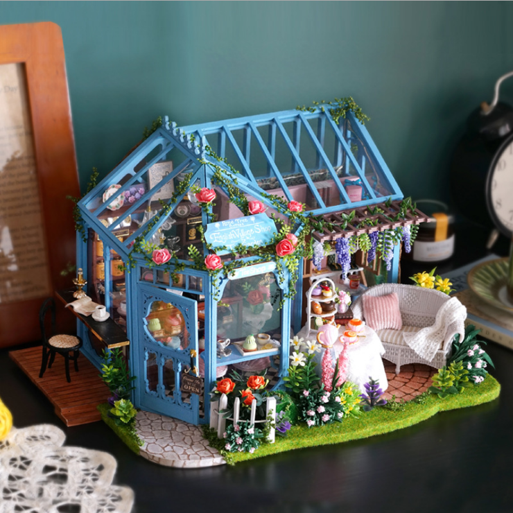 Mô hình nhà DIY Doll House Rose Garden Tea House Kèm Mica Chống bụi, Bộ dụng cụ, Keo dán và Bộ phát nhạc