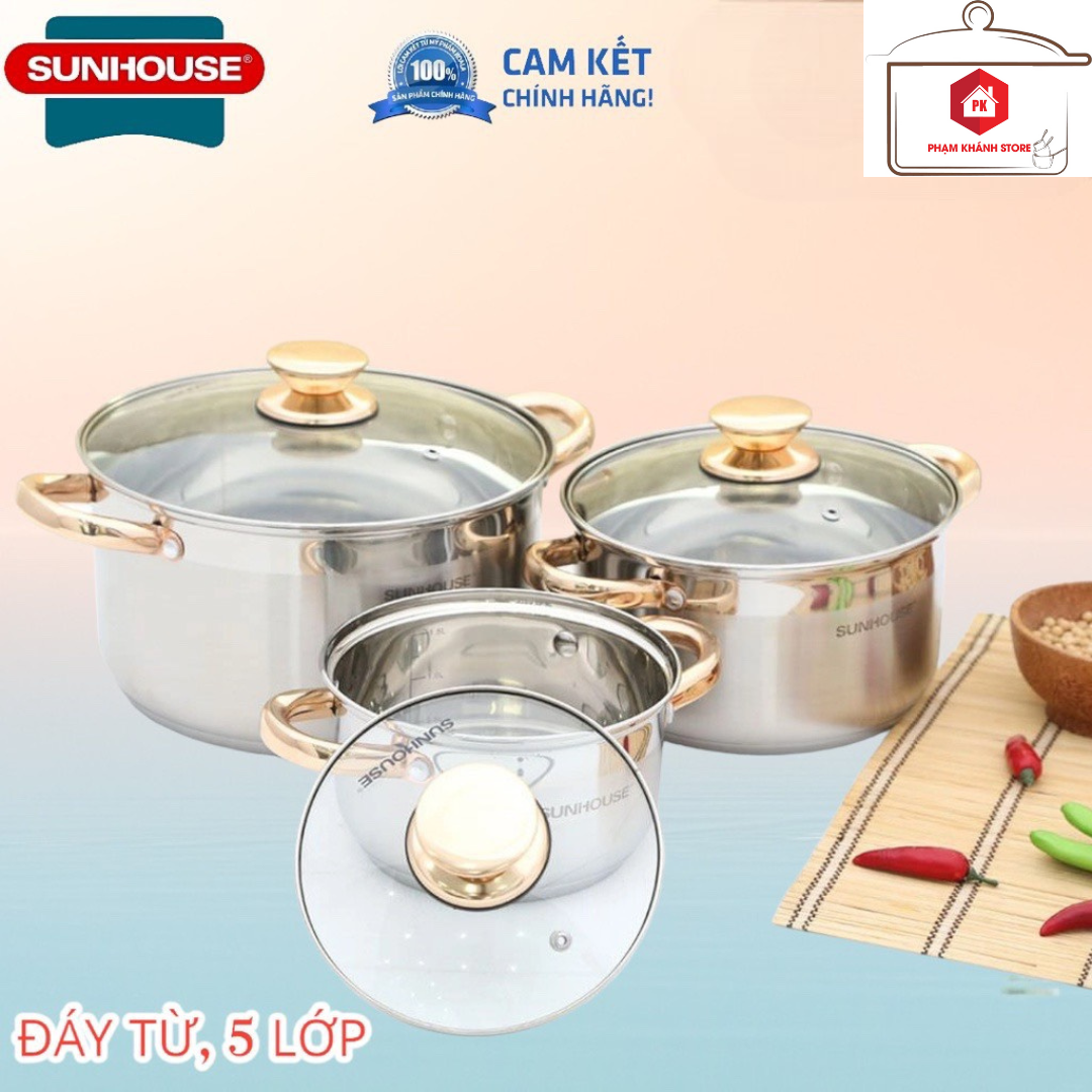 BỘ NỒI INOX 5 ĐÁY SUNHOUSE SH781 SỬ DỤNG ĐƯỢC TRÊN MỌI LOẠI BẾP