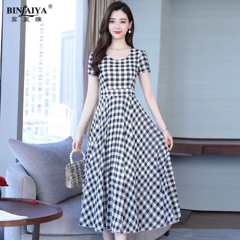 [HCM]ĐẦM XOÈ VINTAGE CARO CỔ TRÒN