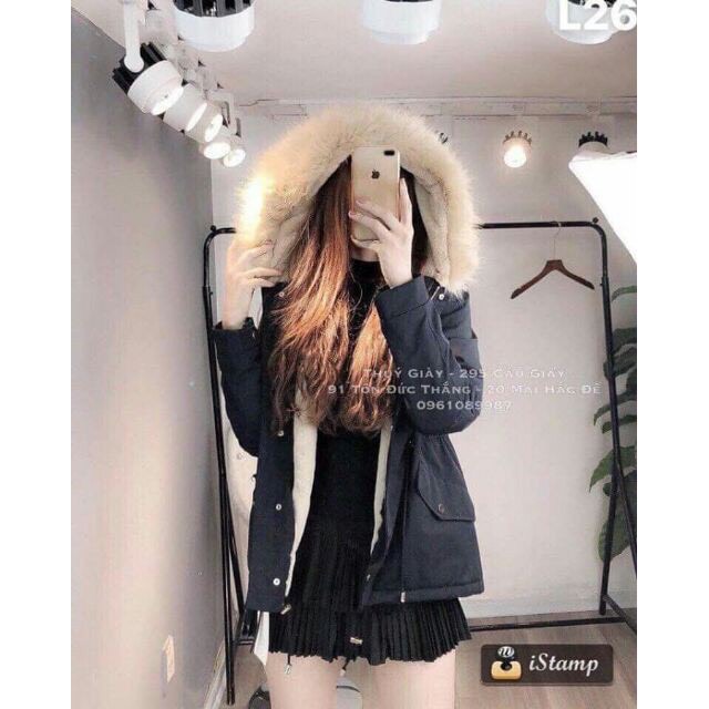 Áo parka nữ, áo kaki lót lông cừu dây rút eo hàng cao cấp mũ lông to mềm