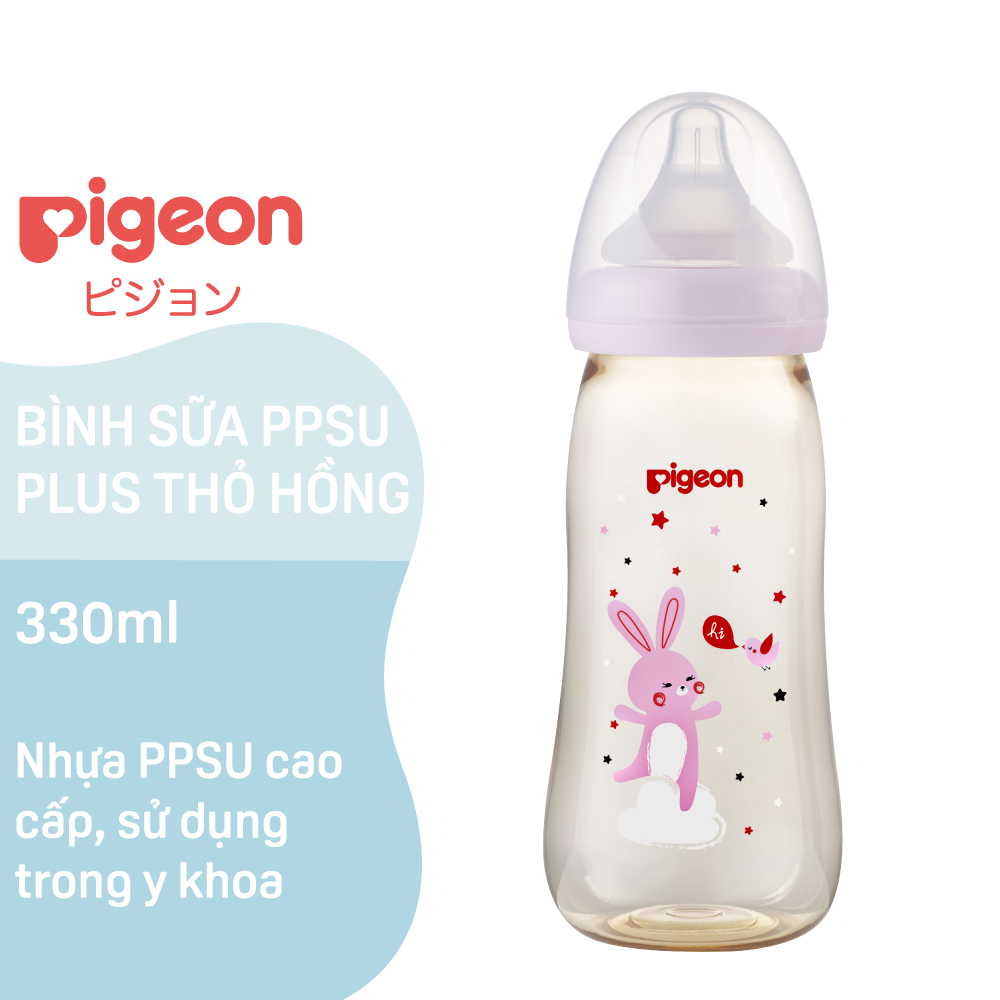 Bình Sữa Cổ Rộng PPSU Plus Thỏ Hồng Pigeon 330ml (L) -(HSD-10/2025)