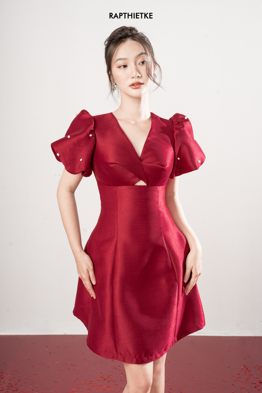 Rập - Đầm Đỏ Cổ V Tay Phồng Đính Hạt - ROSIE 05