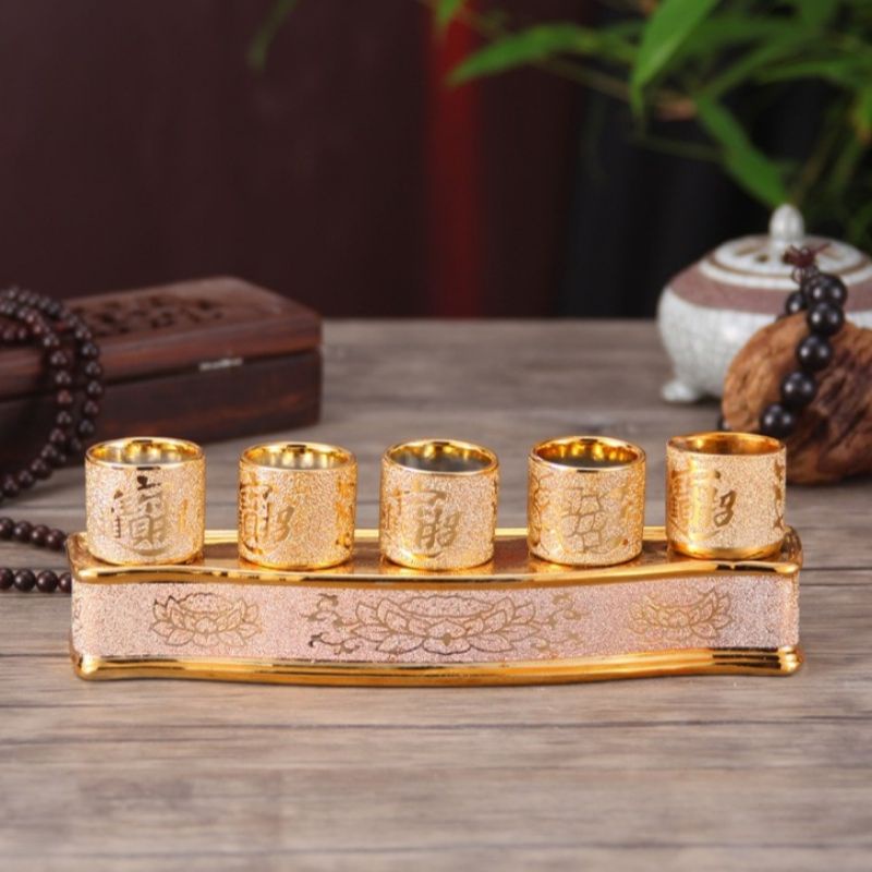 Bộ áng năm ly nước thờ cúng kim sa vàng gốm sứ + bộ áng 3 kim sa vàng gốm sứ